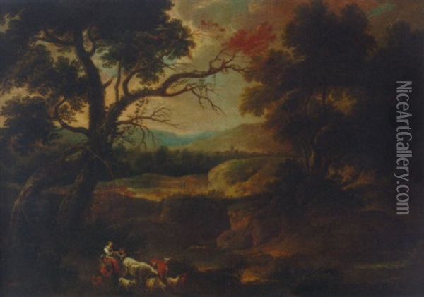 Drovers In A Wooded Landscape Oil Painting - Gaspard Dughet