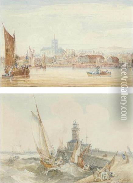 Bustling Activity On The Thames, A Boatyard With A Ship On The Stocks Beyond Oil Painting - Samuel Owen