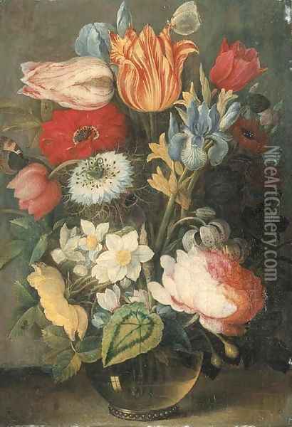 Tulips, roses, lilies, irises and other flowers in a glass vase on a ledge with butterflies Oil Painting - Osias, the Elder Beert