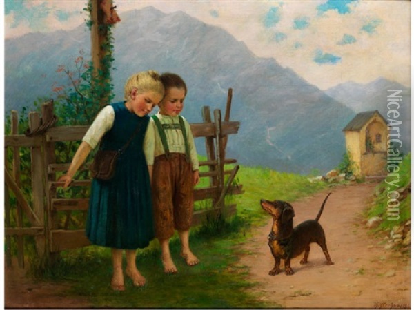 Zwei Kinder Mit Hund Auf Einem Gebirgsweg Oil Painting - Theodor Kleehaas