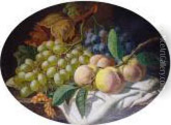 Still Life With Grapes And Peaches On A Ledge Oil Painting - Charles Thomas Bale