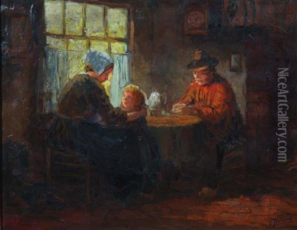 A Kitchen Interior With Family Seated Around A Table Oil Painting - Cornelis Terlouw