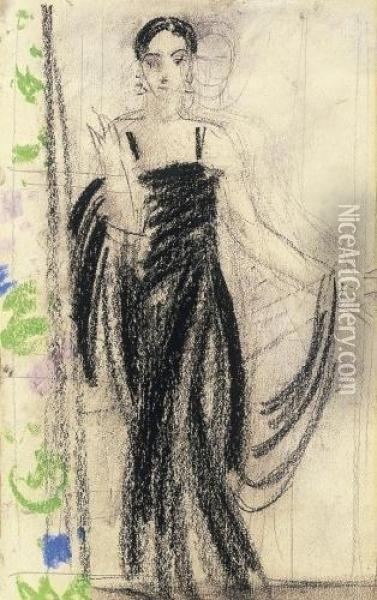 Lady In A Black Gown Oil Painting - Janos Vaszary