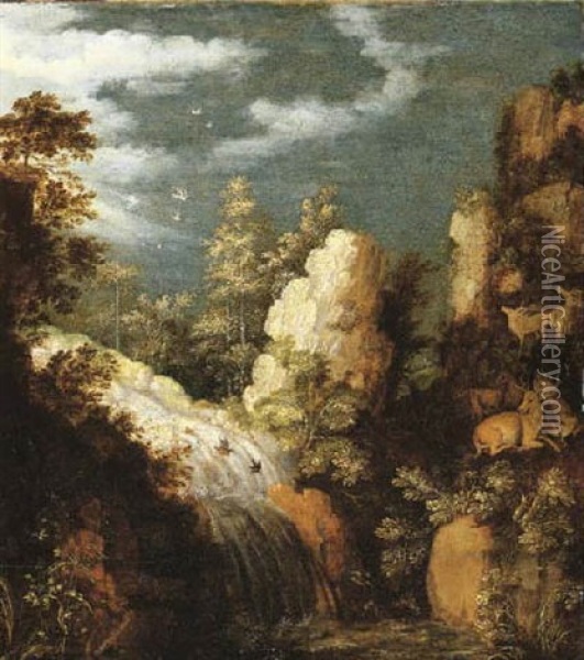 A Rocky Wooded Landscape With Deer Resting By A Waterfall Oil Painting - Roelandt Savery