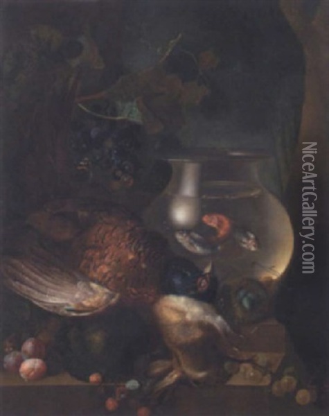 A Still Life Of A Pheasant, A Rabbit, A Goldfish Bowl, A Bird's Nest, A Melon, Plums, Gooseberries And Raspberries, All Arranged Upon A Stone Ledge Oil Painting - Jan van Os