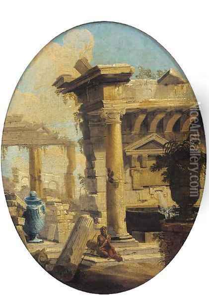 A capriccio of classical ruins with a figure in the foreground Oil Painting - Giovanni Paolo Panini