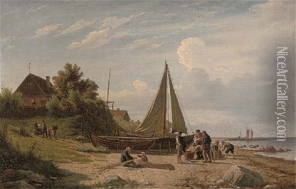 Selling Fish On The Shore Oil Painting - Peter (Johann P.) Raadsig