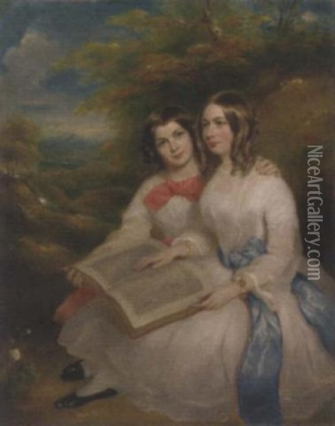 Portrait Of Rebecca And Gertrude Bates, In White Dresses, With An Album Of Drawings On Their Laps, In A Wooded Landscape Oil Painting - Marshall Claxton