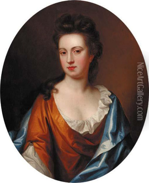 Portrait Of A Lady, Half-length, In A Gold Dress With A Blue Wrap, Feigned Oval Oil Painting - Sir Godfrey Kneller