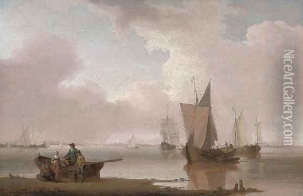 Small traders in a calm on an estuary, with fisherfolk in the foreground Oil Painting - William Anderson