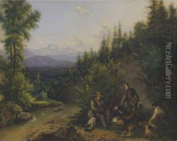 Rastende Jagdgesellschaft Am Bachufer (resting Huntsmen) Oil Painting - Ferdinand Georg Waldmuller