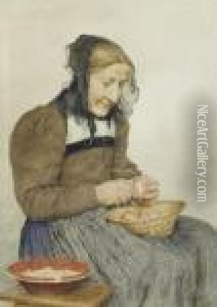Portrait Of A Woman Peeling An Apple Oil Painting - Albert Anker