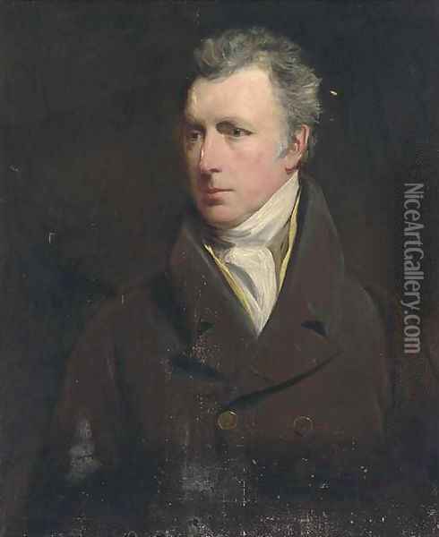 Portrait of a gentleman, bust-length, in a brown coat and yellow waistcoat Oil Painting - Sir Henry Raeburn