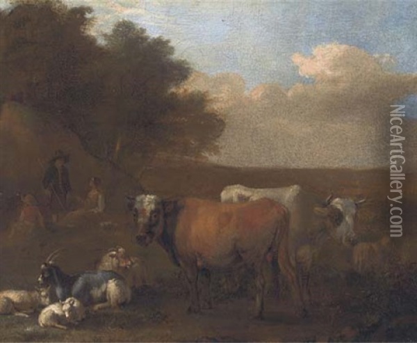 A Landscape With Cattle And Goats, A Shepherd And Shepherdess Resting Beyond Oil Painting - Albert Jansz Klomp