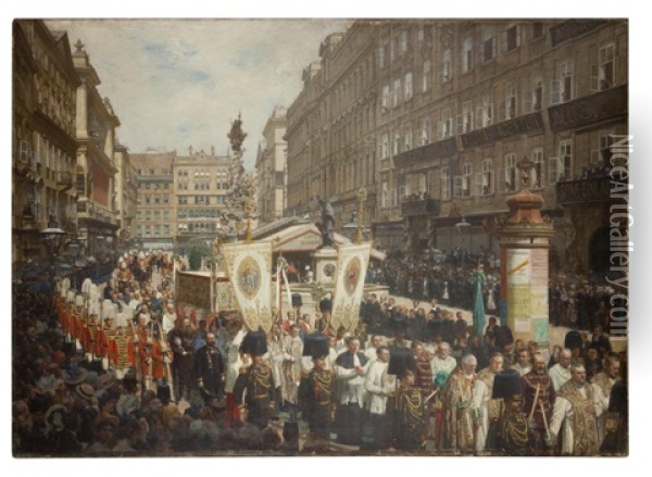 Fronleichnam Prozession, Vienna, 1889 (corpus Christi Procession) Oil Painting - Karl Karger