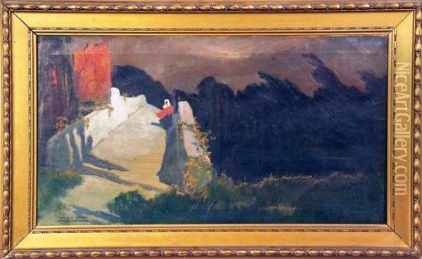 Paesaggio Di Campagna Con Ponte E Contadina Oil Painting - Enrique Serra y Auque