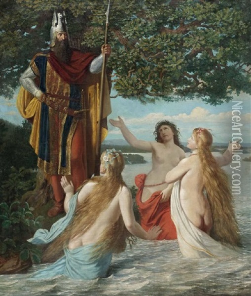 Hagen Bei Den Drei Rheintochtern (szene Aus Dem Ring Der Nibelungen Richard Wagners) Oil Painting - Georg Kugler