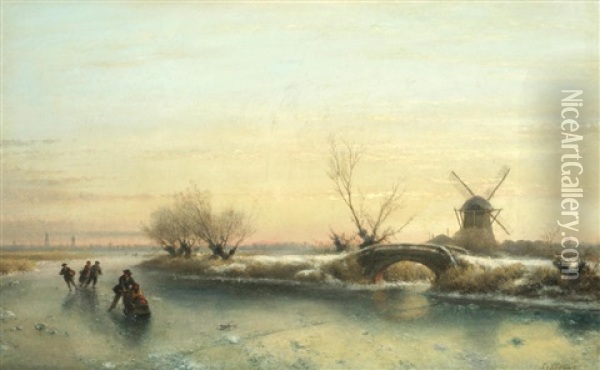 Skaters On A Frozen River Oil Painting - Lodewijk Johannes Kleijn