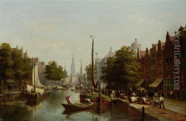 View Of A Canal In Amsterdam Oil Painting - Andrew Sheerboom