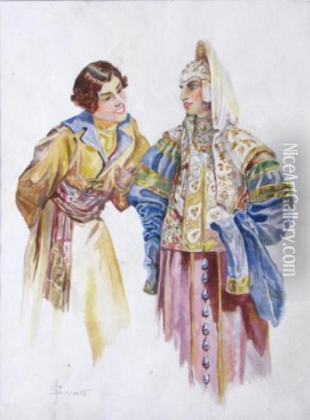 Two Figures In Period Costumes Oil Painting - Sergei Sergeevich Solomko