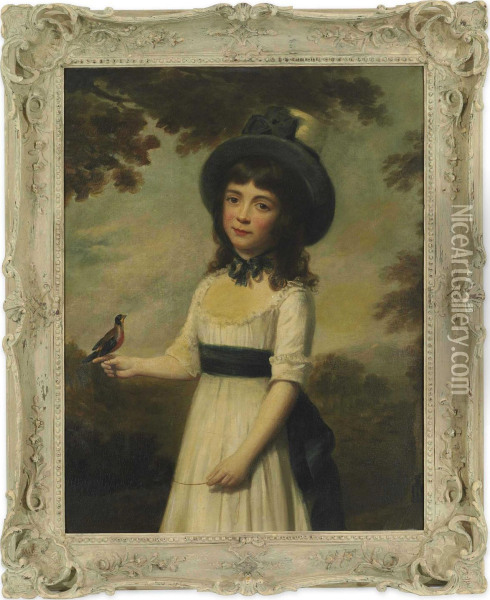 Portrait Of Miss Gardner, Three-quarter-length, In A White Dress With A Blue Sash And A Hat, A Bird On A String Perched On Her Right Hand, A Bird Cage To Her Side, In A Landscape Oil Painting - Nathaniel Hone