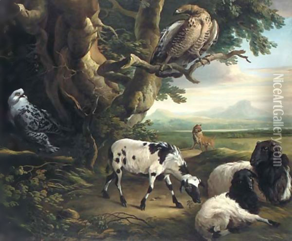 Birds of prey, goats and a wolf, in a landscape Oil Painting - Philip Reinagle