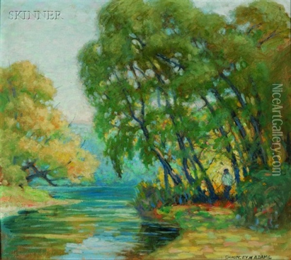 Brook At Early Spring (+ On The River Bank; 2 Works) Oil Painting - Chauncey M. Adams