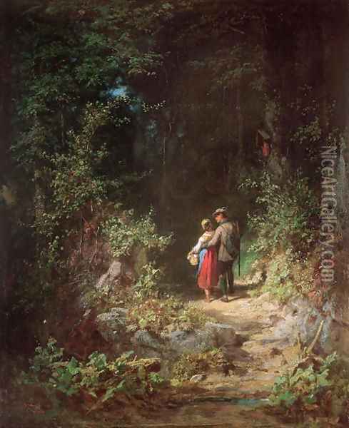 Lovers in a Wood, c.1860 Oil Painting - Carl Spitzweg