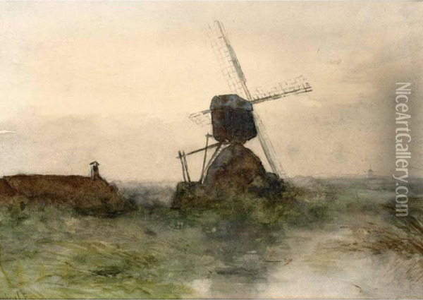 Sunset In A Polder Landscape With A Windmill Near A Waterway Oil Painting - Paul Joseph Constantine Gabriel
