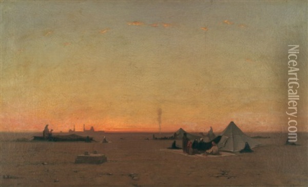 Beduinenlager Beim Sonnenuntergang, Am Horizont Eine Stadtsilhouette Oil Painting - Auguste Louis Veillon