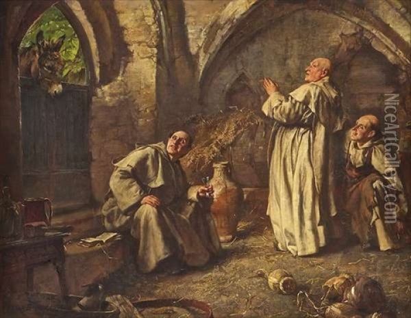 Caught Out, Three Monks Caught Out By An Ass Oil Painting - Edgar Bundy
