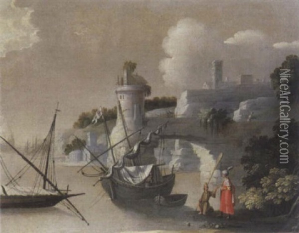 A Coastal Inlet With Moored Boats, A Turk On The Shore With A Stevedore, A Tower And Archway Beyond Oil Painting - Giuseppe Bernardino Bison