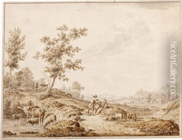 An Italianate Landscape With Herdsmen And Their Cattle Oil Painting - Jordanus Hoorn