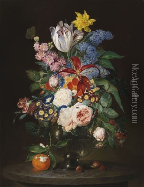 Prachtiges Blumenstillleben Mit Insekten Oil Painting - Andreas Theodor Mattenheimer