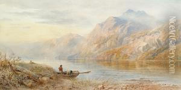 A Highland Loch Scene Oil Painting - Cornelius Pearson