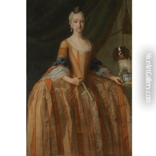 Portrait Of The Infanta Maria Josefa De Borbon, Full Length, With A Cup Of Chocolate And A Dog Oil Painting - Giuseppe Bonito