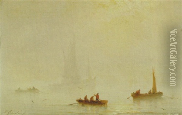 Fishing Boats At Dusk Oil Painting - Baron Jean Antoine Theodore Gudin