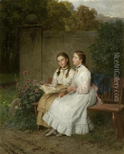 Two Girls Singing On A Bench In A Park Oil Painting - Minna Heeren