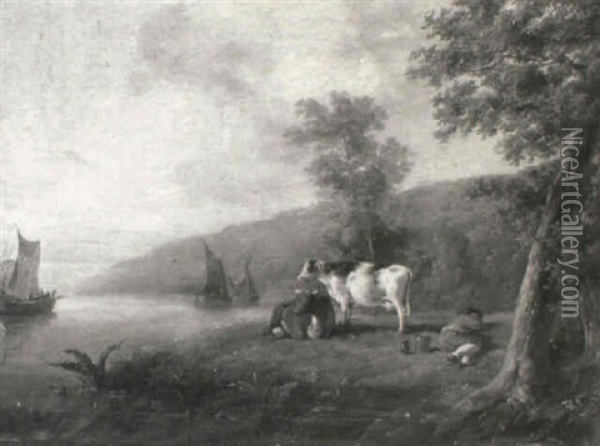 River Landscape With Cows And A Shepherd Resting On A Bank Oil Painting - Aelbert Cuyp
