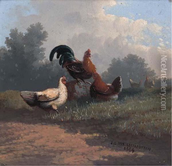 Chickens In A Pastoral Landscape Oil Painting - Jef Louis Van Leemputten