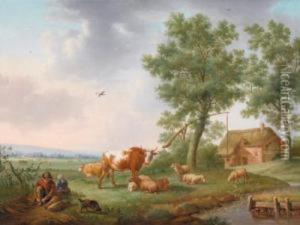 Pastori Con Bestiame Presso Una Fontana Di Fronte A Una Capanna Inun Paesaggio Assolato Oil Painting - Hendrick Willelm Schweickhardt