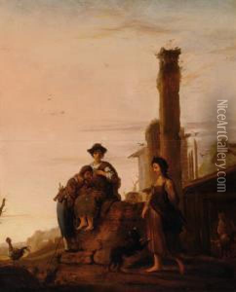 Figures In A Landschape Withclassicist Ruins Oil Painting - Bartholomeus Breenbergh