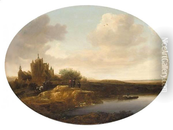 River Landscape With A Horse-Drawn Cart And Figures On A Bank, A Fisherman Nearby Oil Painting - Jan Coelenbier
