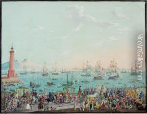 Charles Iii Departing From 
Naples For Spain, Seen From The Darsena, With Vesuvius To The Left Oil Painting - Pietro Fabris