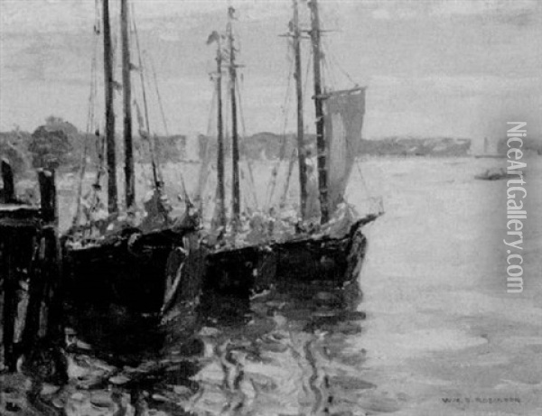Sailboats Docked In Gloucester Harbor, Massachusetts Oil Painting - William S. Robinson