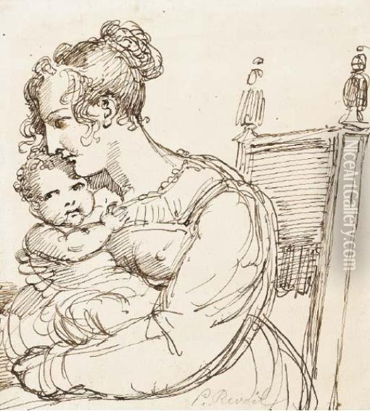 Une Femme Assise Tenant Un Enfant Dans Ses Bras Oil Painting - Pierre Henri Revoil