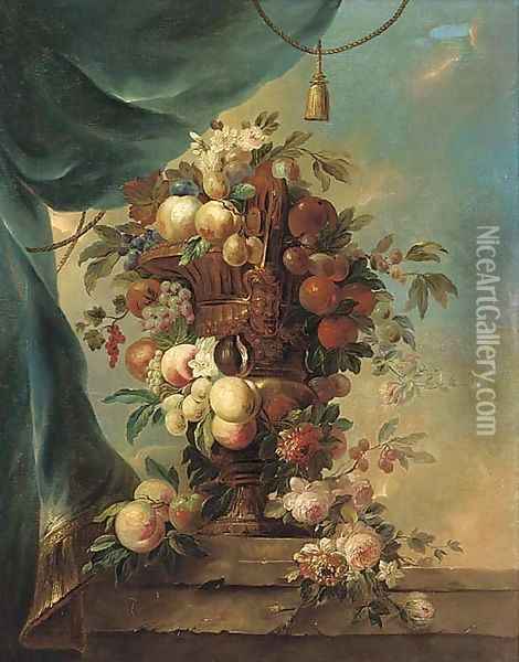 Peaches, plums, grapes, cherries and roses in a gilt urn on a ledge Oil Painting - Anne Vallayer-Coster