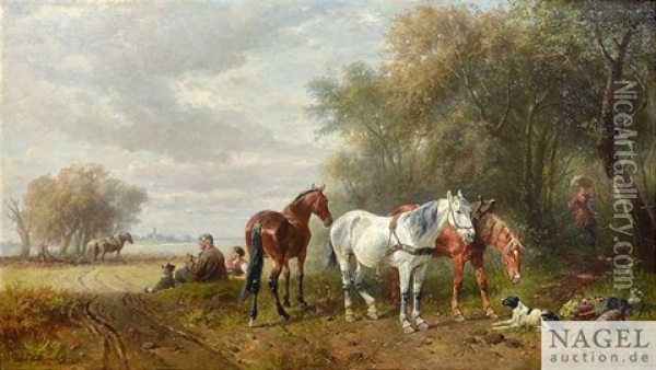 Bauern Und Pflugpferde Bei Der Mittagsrast Oil Painting - Ludwig Hartmann