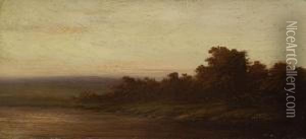 Abendliche Uferlandschaft. Oil Painting - Schleich Eduard I & Bach Alois