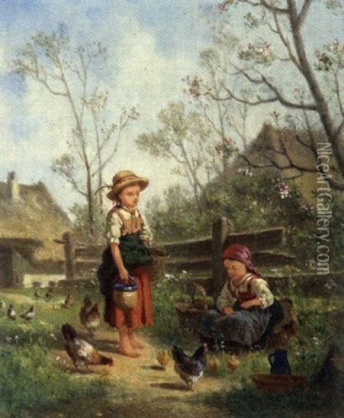 Zwei Bauernmadchen Beim Futtern Der Huhner Oil Painting - Bernhard Froehlich